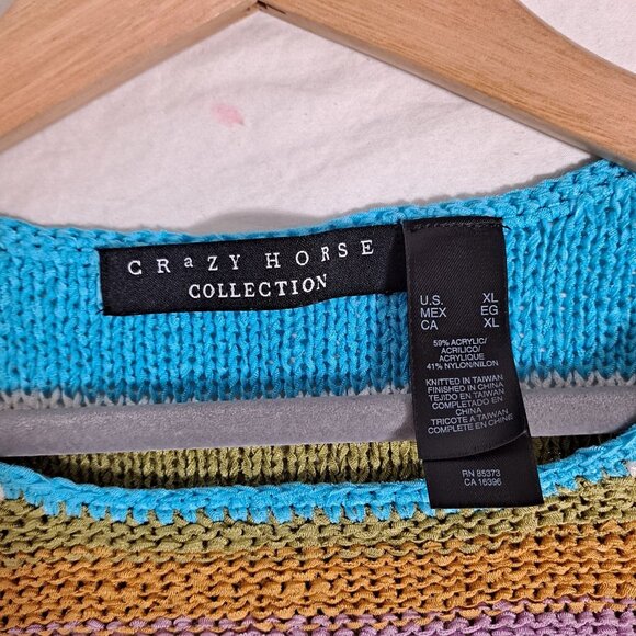 Crazy Horse Shirt Women XL Striped Colorful Artsy Open Knit Rainbow Stretchy - Picture 3 of 8